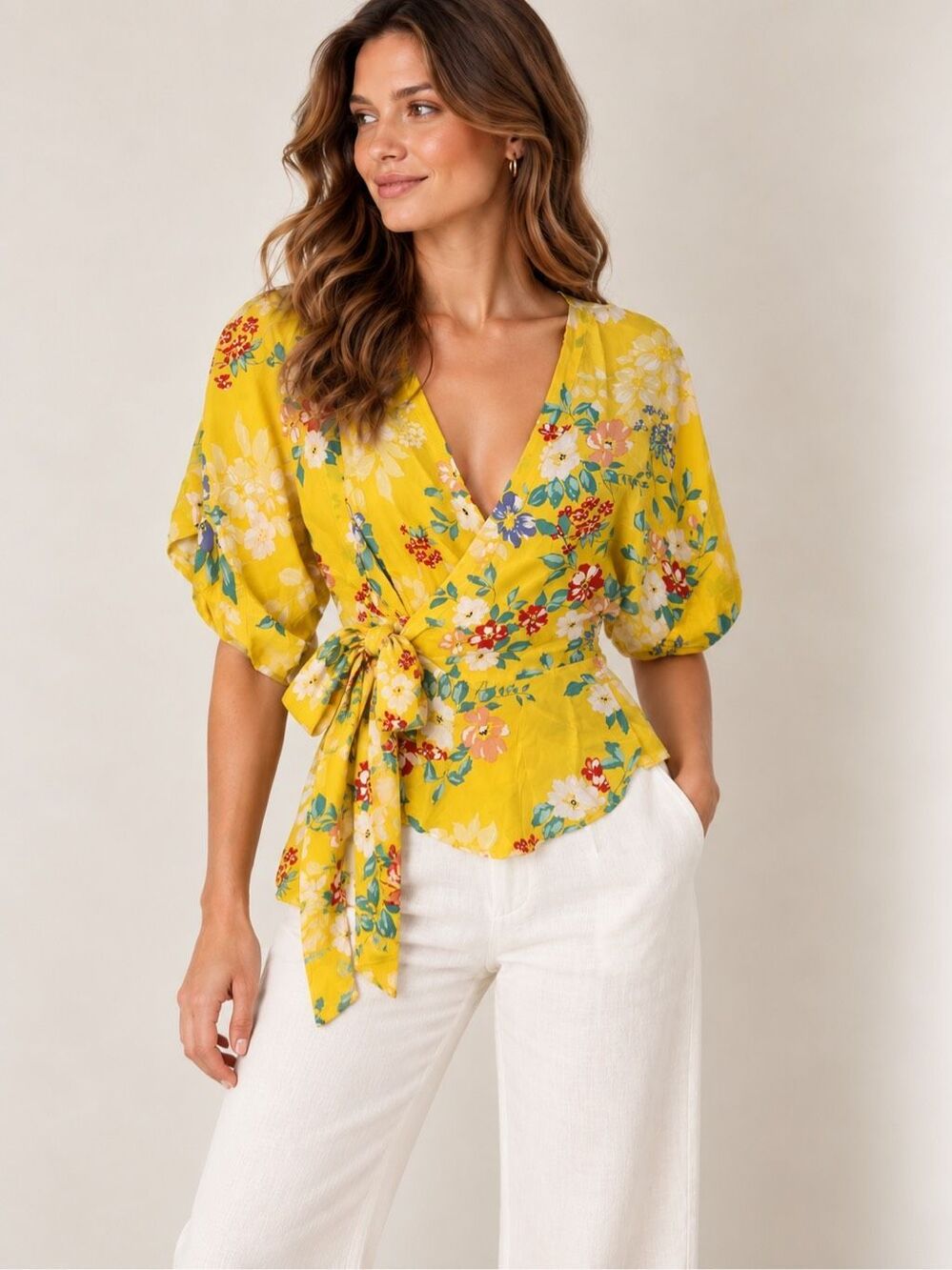 Yumi Kim 100% Silk Wrap Blouse Size XS Yellow Floral Print Short Sleeve
